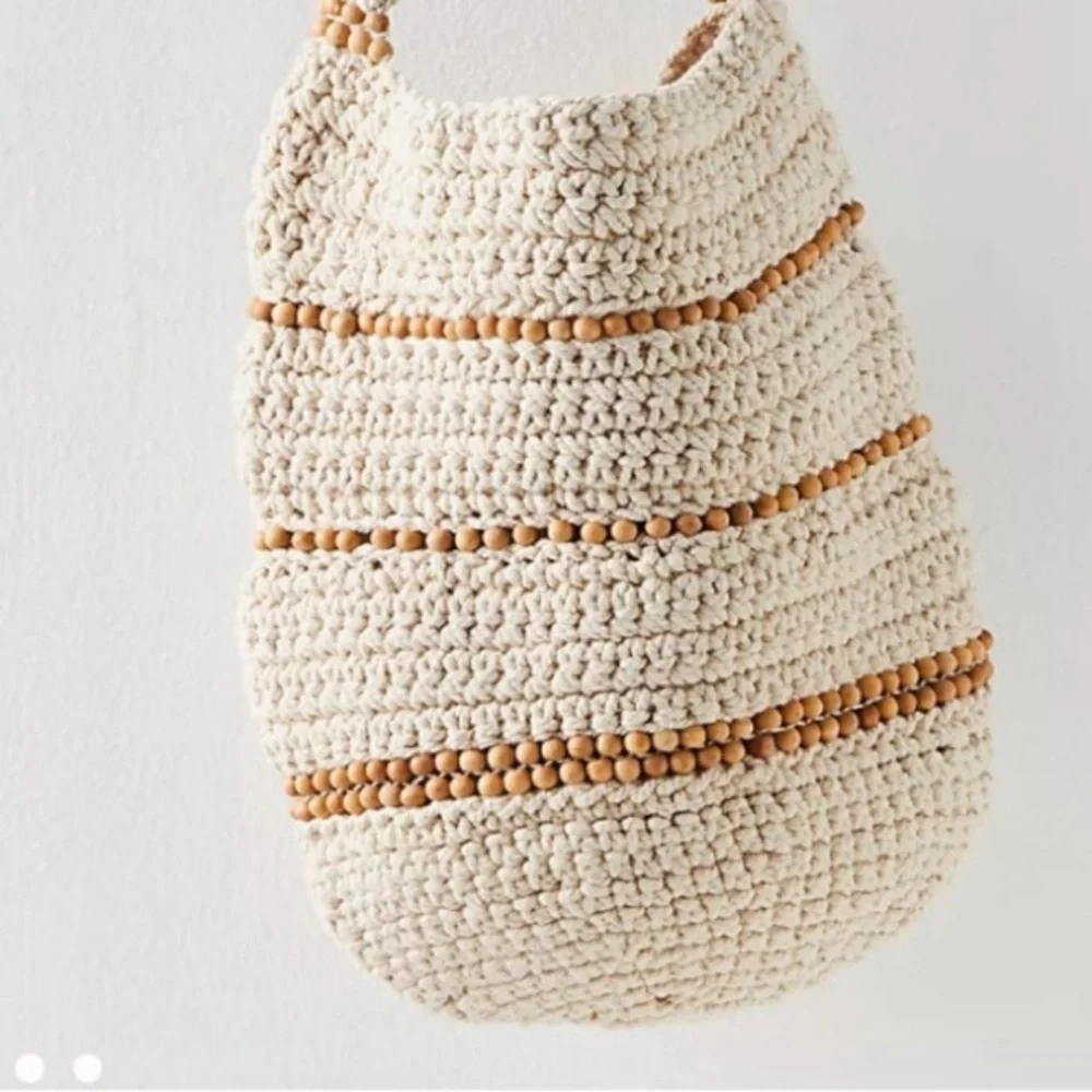 Free People Boho Meet Me Mallorca White Sand Handcrafted Cream Brown Crochet Bag